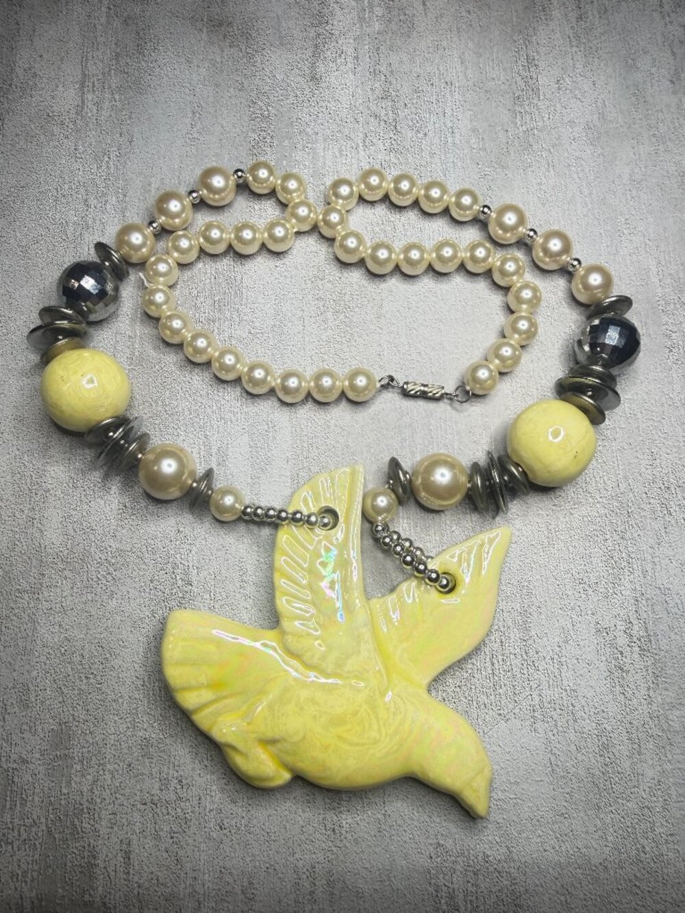 Yellow Glass Bird Statement Necklace Faux Pearl Mixed Bead Jewelry